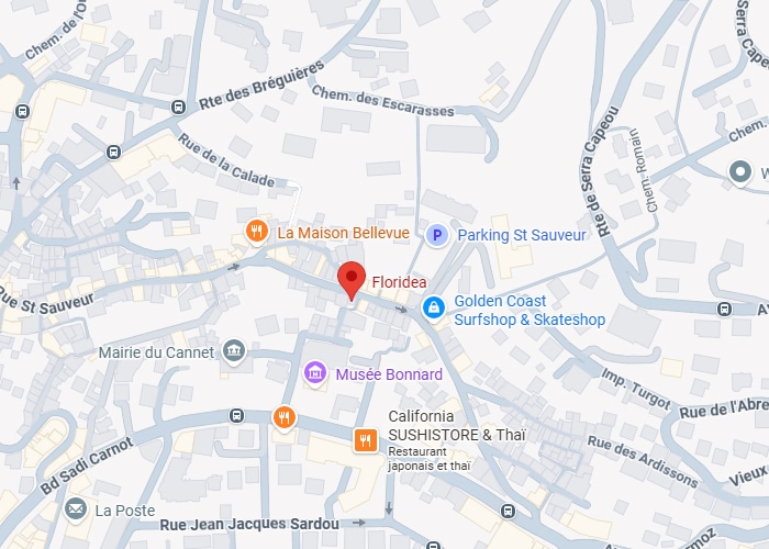 Plan de Le Cannet : Localisation Floridea et Musée Bonnard Plan de Le Cannet montrant Floridea, le Musée Bonnard et la Mairie du Cannet avec les rues et commerces environnants.