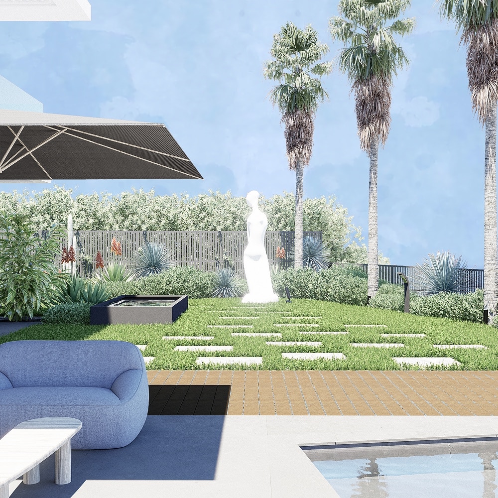 Terrasse moderne avec canapé bleu, dalles dans le gazon, statue blanche et piscine sous les palmiers.