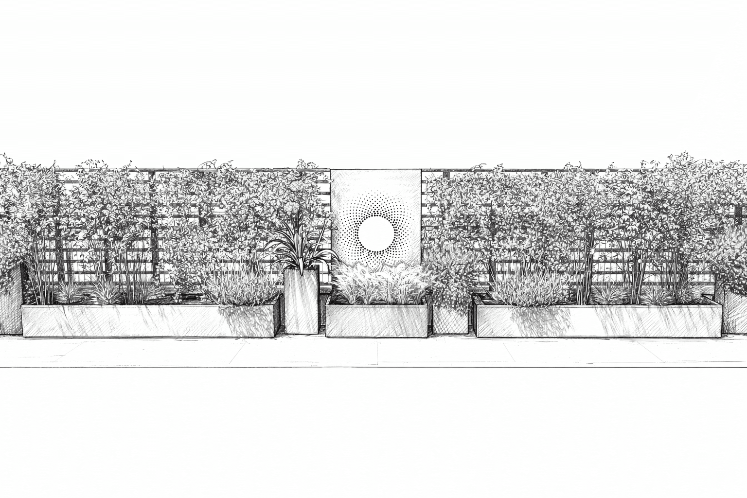 Croquis d'un jardin moderne avec jardinières rectangulaires, arbustes et panneau décoratif central au soleil.