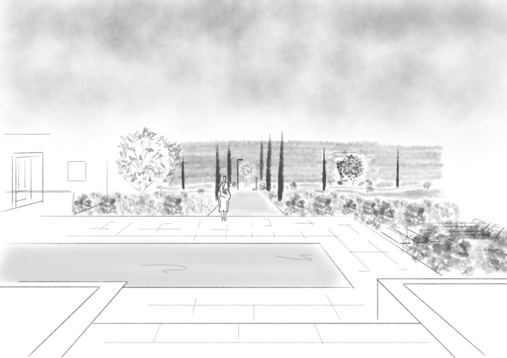 Croquis d'un jardin luxueux avec piscine, terrasse dallée et cyprès élégants sous un ciel vaporeux.