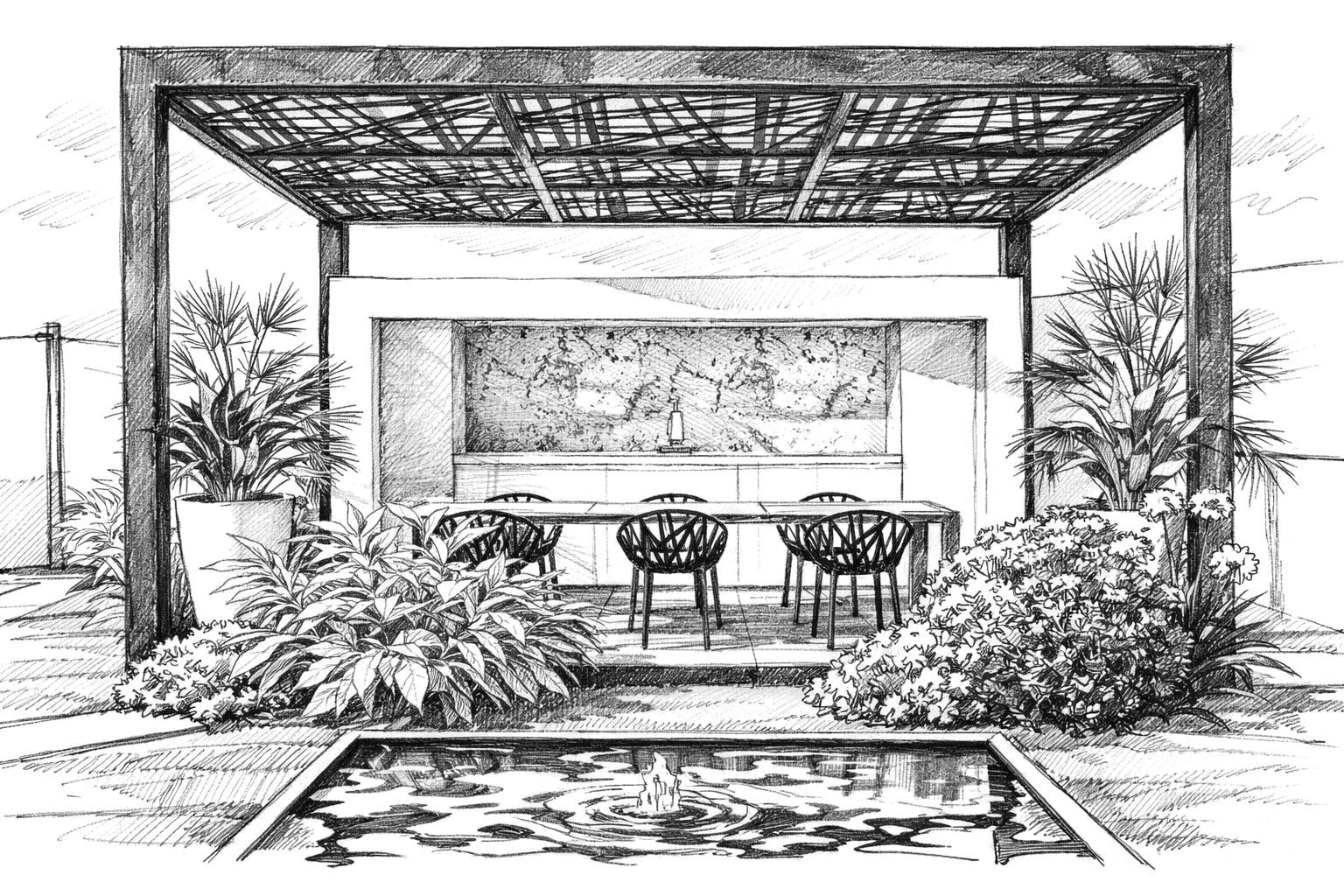 Croquis de pergola moderne avec cuisine d'été, table à manger, plantes luxuriantes et petit bassin d'eau décoratif.