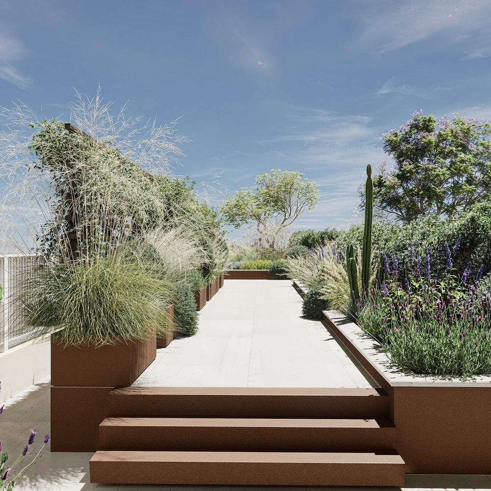 Jardin de toit moderne avec jardinières en acier corten, herbes ornementales et fleurs sous un ciel bleu.