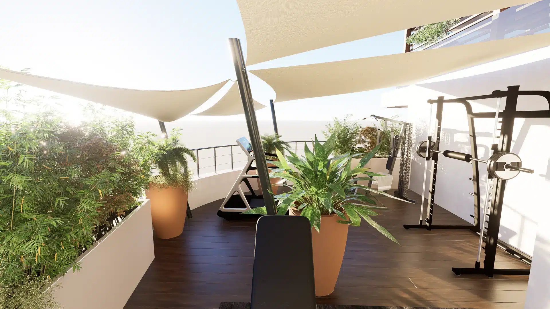 Salle de sport extérieure sur terrasse boisée avec voiles d'ombrage, tapis de course et équipement de musculation.