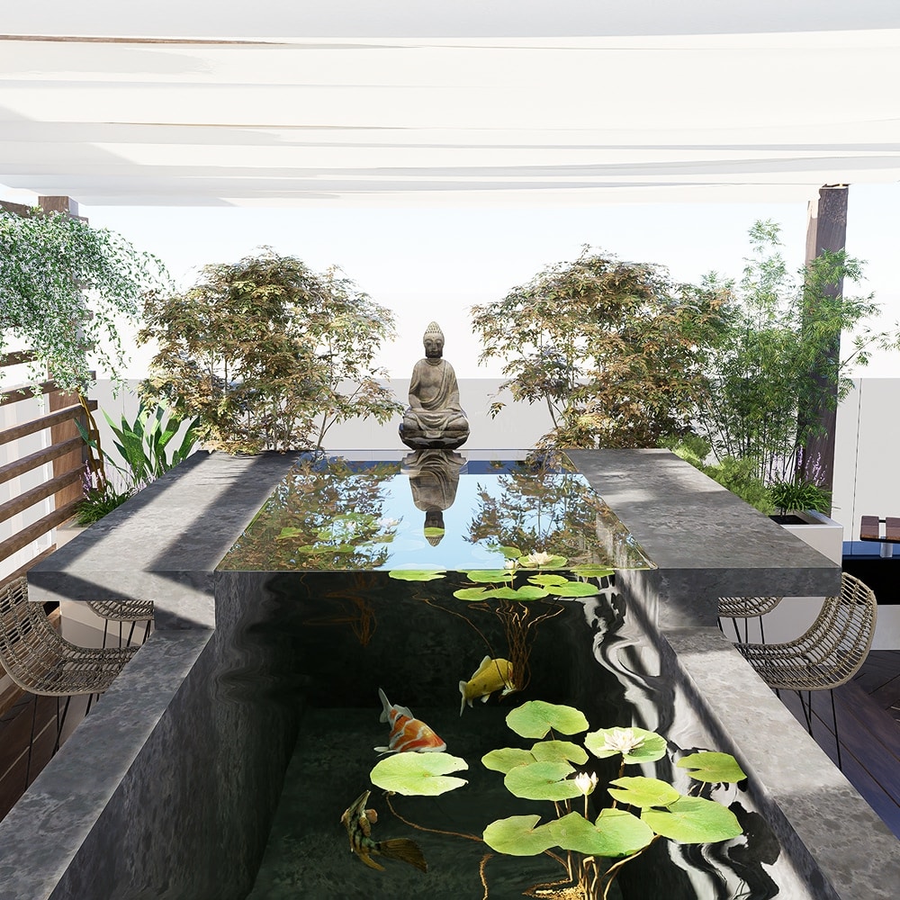 Table design avec bassin de carpes koi, nénuphars et statue de Bouddha dans un jardin zen paisible.