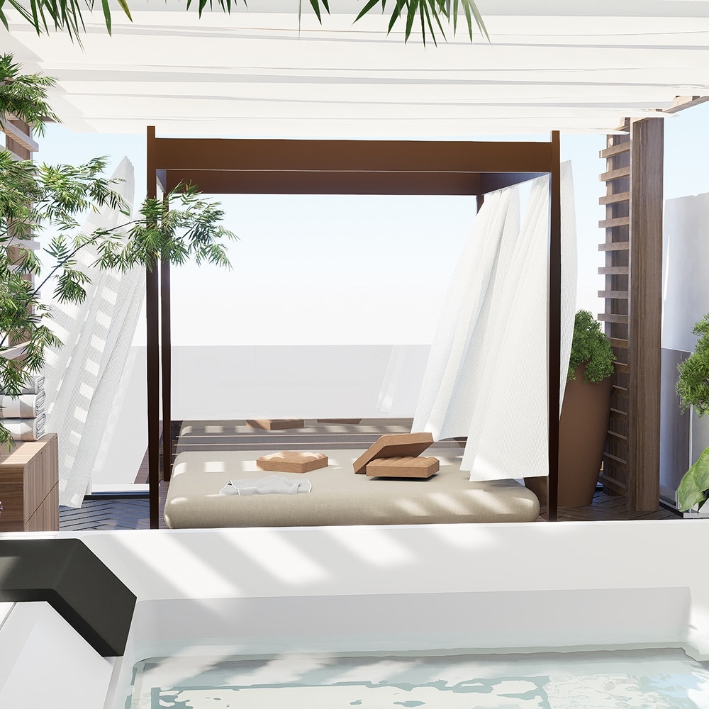 Terrasse de luxe avec spa, lit de jour à baldaquin et rideaux blancs. Ambiance zen et moderne sur un rooftop.
