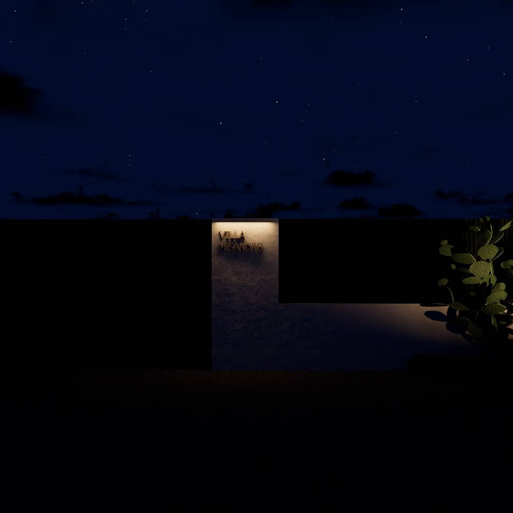 Enseigne Villa Misandro éclairée sur mur minimaliste sous un ciel étoilé, ambiance nocturne luxueuse.