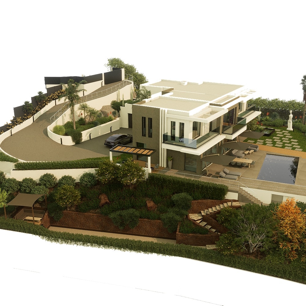 Villa moderne luxueuse avec piscine, terrasse aménagée et jardin paysager sur un terrain en pente.
