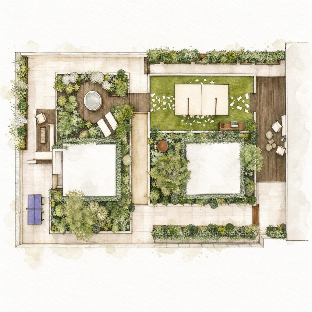 Plan aquarelle de jardin sur toit avec spa, terrasse bois, gazon et végétation dense.