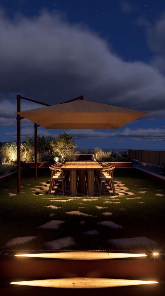 Table en bois et parasol sur une terrasse de toit illuminée la nuit.